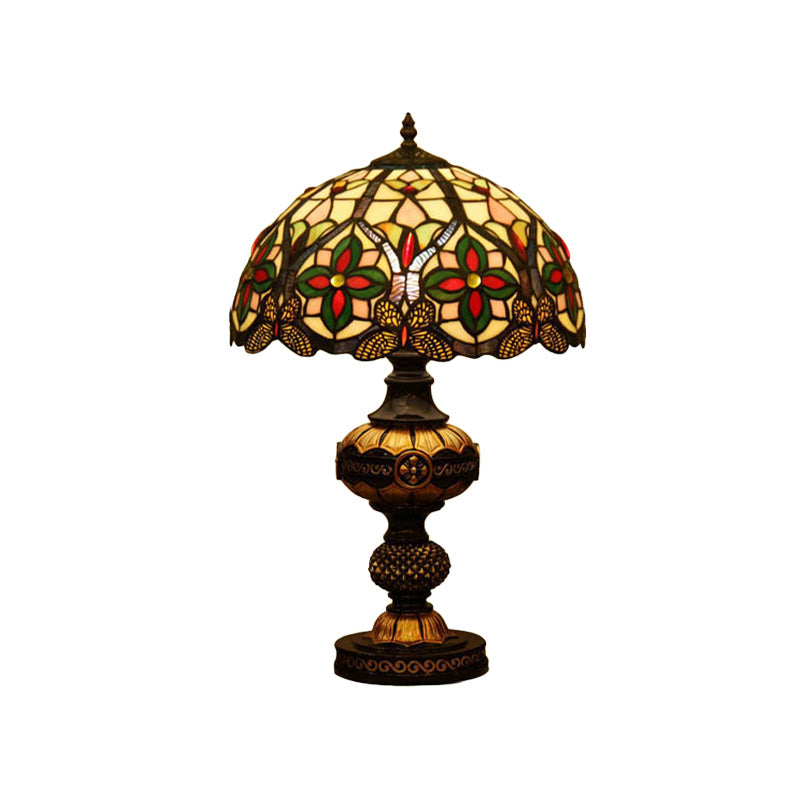Flower Night Table Lighting 1 Head Stained Art Glass Victorian Bowl Desk Lamp in Beige/Orange with Oval Base Clearhalo 'Lamps' 'Table Lamps' Lighting' 894567