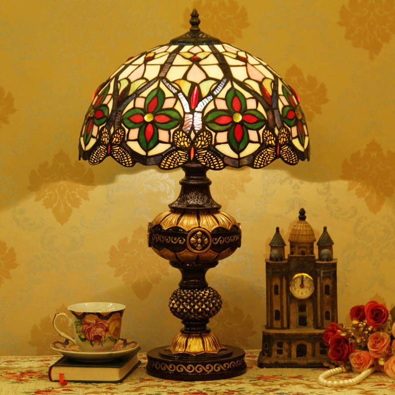 Flower Night Table Lighting 1 Head Stained Art Glass Victorian Bowl Desk Lamp in Beige/Orange with Oval Base Clearhalo 'Lamps' 'Table Lamps' Lighting' 894569