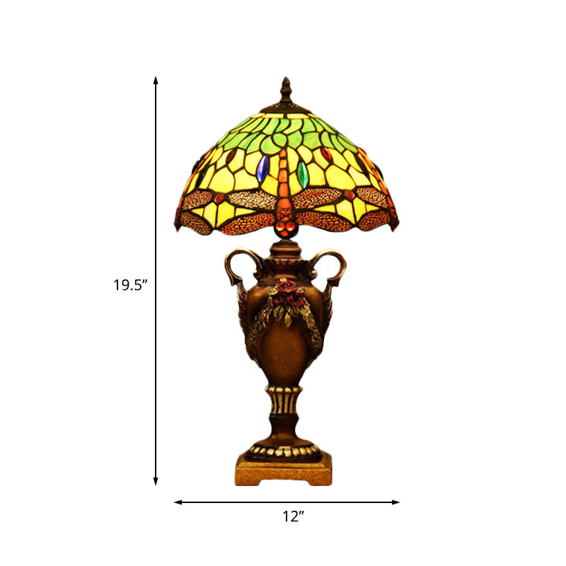 Victorian Bowl Shape Desk Light 1 Head Stained Art Glass Trophy Night Table Lamp in Blue/Green with Dragonfly Pattern Clearhalo 'Lamps' 'Table Lamps' Lighting' 894594