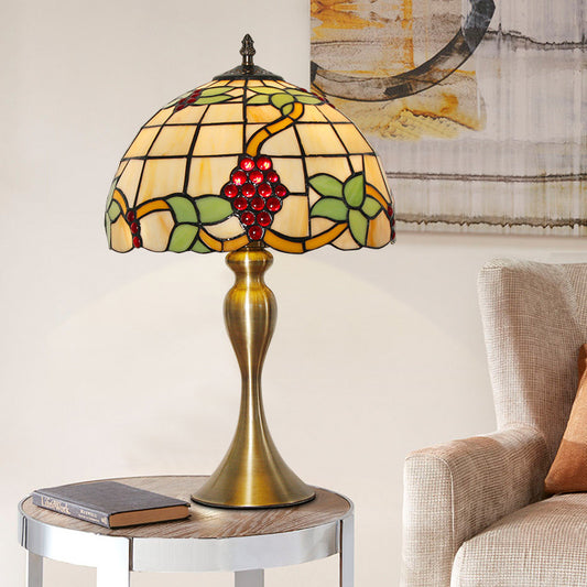 Gold Dome Shape Night Table Lamp Victorian 1 Light Stained Art Glass Grape Patterned Desk Lighting Gold Clearhalo 'Lamps' 'Table Lamps' Lighting' 894635