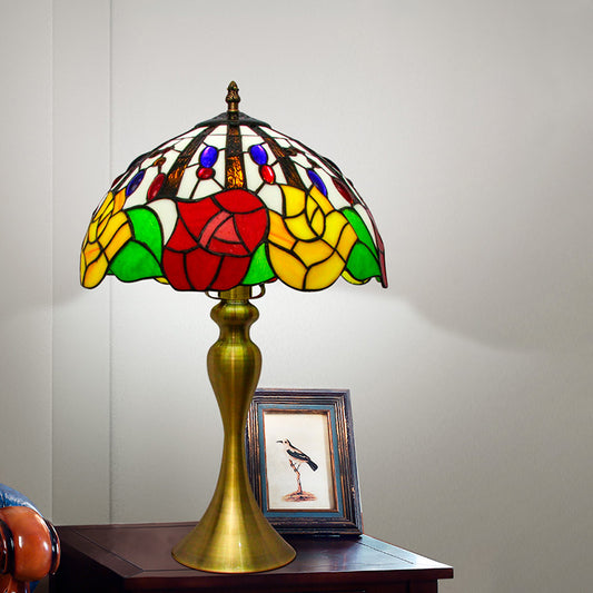 Domed Night Lighting Tiffany Style Stained Glass 1 Head Gold Flower Patterned Nightstand Lamp Gold Clearhalo 'Lamps' 'Table Lamps' Lighting' 894651