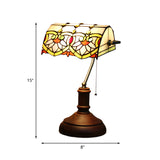 Stained Glass Dark Brown Nightstand Lighting Rollover Shade 1 Light Mediterranean Table Light with Pull Chain Clearhalo 'Lamps' 'Table Lamps' Lighting' 894670