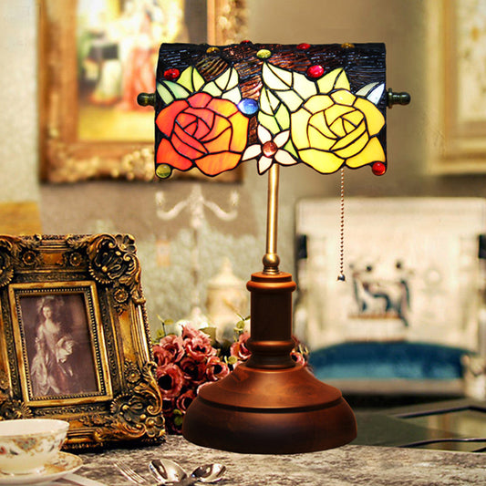 1 Light Table Lamp Baroque Rose Stained Art Glass Pull Chain Night Lighting in Dark Brown Dark Brown Clearhalo 'Lamps' 'Table Lamps' Lighting' 894671