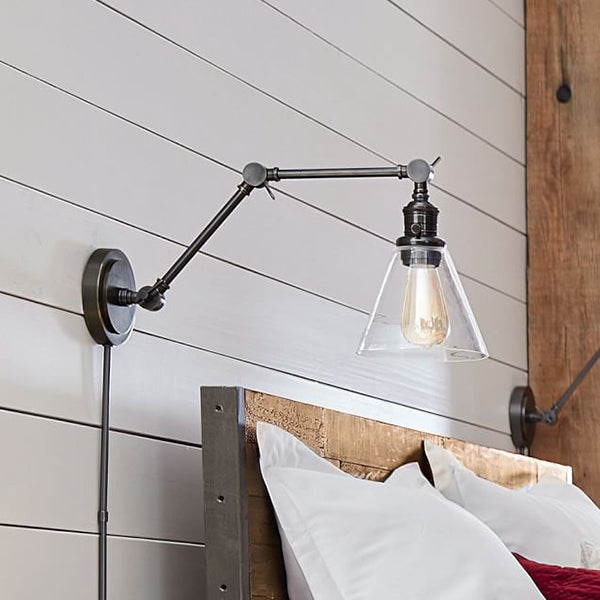 Clear Glass Cone Wall Sconce Industrial 1 Light Bedside Lighting Fixture in Black Black Clearhalo 'Art deco wall lights' 'Cast Iron' 'Glass' 'Industrial wall lights' 'Industrial' 'Middle century wall lights' 'Modern' 'Rustic wall lights' 'Tiffany' 'Traditional wall lights' 'Wall Lamps & Sconces' 'Wall Lights' Lighting' 89606