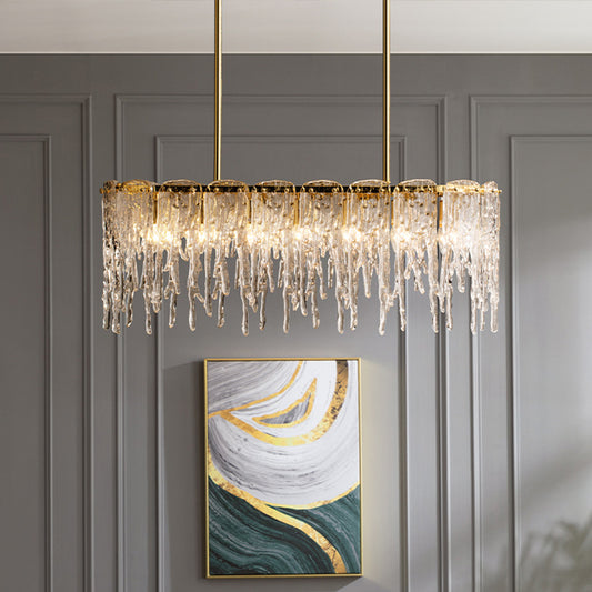 Minimalist Oval Island Light 7 Bulbs Clear Crystal Pendant Lamp in Gold with Melting Ice Design Gold Clearhalo 'Ceiling Lights' 'Island Lights' Lighting' 896062