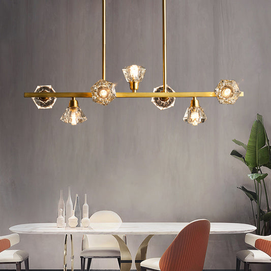 Linear Restaurant Island Lamp Postmodern Diamond Crystal Block 7 Lights Brass Pendant Brass Clearhalo 'Ceiling Lights' 'Island Lights' Lighting' 896076