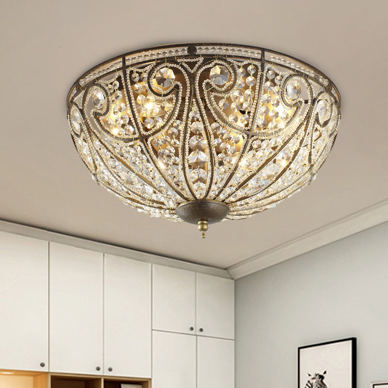 Antique Bronze Dome Ceiling Light Vintage Beveled Crystal 3-Bulb Hallway Flush Mount Antique Bronze Clearhalo 'Ceiling Lights' 'Close To Ceiling Lights' 'Close to ceiling' 'Flush mount' Lighting' 897084