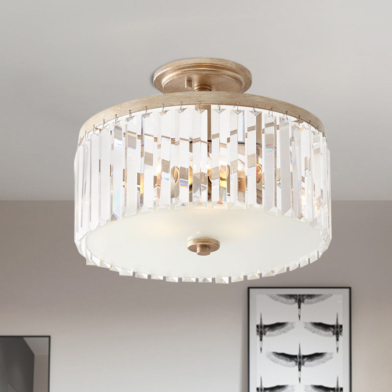 Circle Crystal Block Semi Flush Simplicity 3 Bulbs Corridor Flush Mount Recessed Lighting in Gold Gold Clearhalo 'Ceiling Lights' 'Close To Ceiling Lights' 'Close to ceiling' 'Semi-flushmount' Lighting' 897092