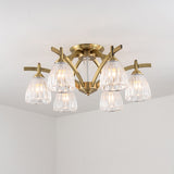 Clear Glass Cone Semi Flush Vintage 6 Bulbs Dining Room Close to Ceiling Lamp in Brass Clearhalo 'Ceiling Lights' 'Close To Ceiling Lights' 'Close to ceiling' 'Semi-flushmount' Lighting' 897097