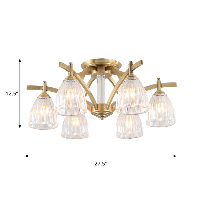 Clear Glass Cone Semi Flush Vintage 6 Bulbs Dining Room Close to Ceiling Lamp in Brass Clearhalo 'Ceiling Lights' 'Close To Ceiling Lights' 'Close to ceiling' 'Semi-flushmount' Lighting' 897099