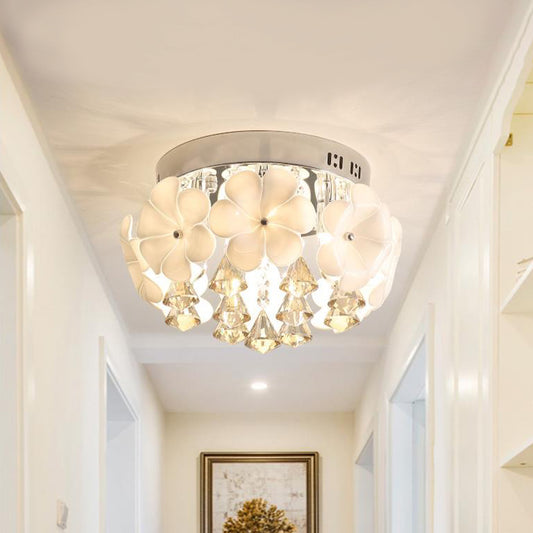 Ivory Glass Chrome Flush Mount Flower 2 Heads Simplicity Ceiling Light with Diamond Crystal Drop Chrome Clearhalo 'Ceiling Lights' 'Close To Ceiling Lights' 'Close to ceiling' 'Flush mount' Lighting' 897104