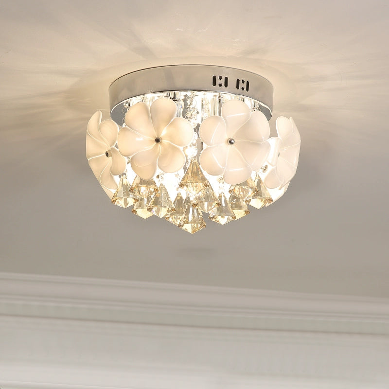 Ivory Glass Chrome Flush Mount Flower 2 Heads Simplicity Ceiling Light with Diamond Crystal Drop Clearhalo 'Ceiling Lights' 'Close To Ceiling Lights' 'Close to ceiling' 'Flush mount' Lighting' 897105