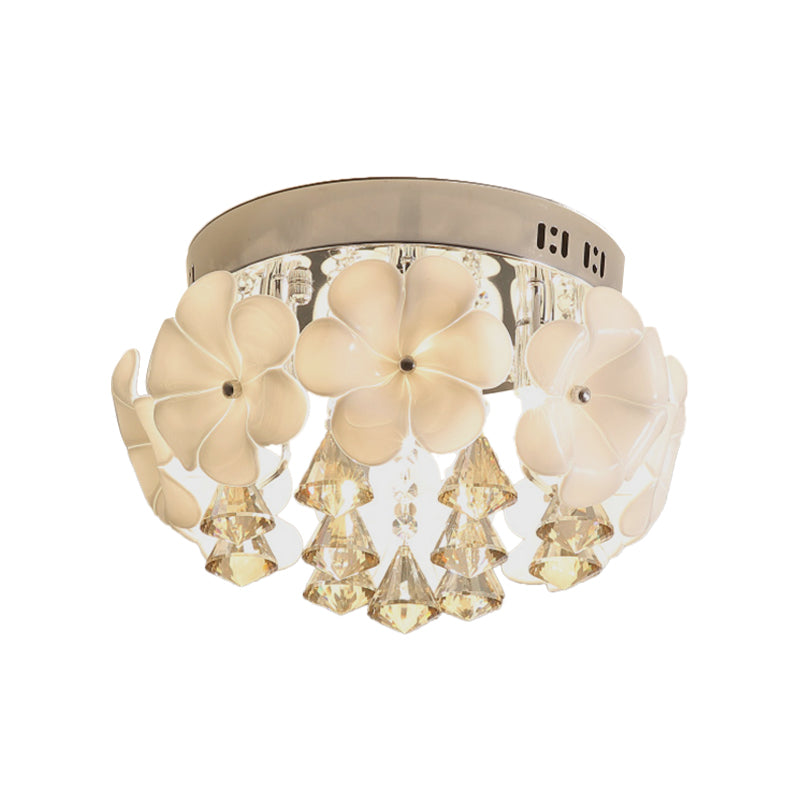 Ivory Glass Chrome Flush Mount Flower 2 Heads Simplicity Ceiling Light with Diamond Crystal Drop Clearhalo 'Ceiling Lights' 'Close To Ceiling Lights' 'Close to ceiling' 'Flush mount' Lighting' 897106