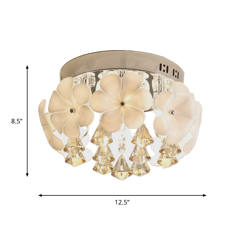 Ivory Glass Chrome Flush Mount Flower 2 Heads Simplicity Ceiling Light with Diamond Crystal Drop Clearhalo 'Ceiling Lights' 'Close To Ceiling Lights' 'Close to ceiling' 'Flush mount' Lighting' 897107