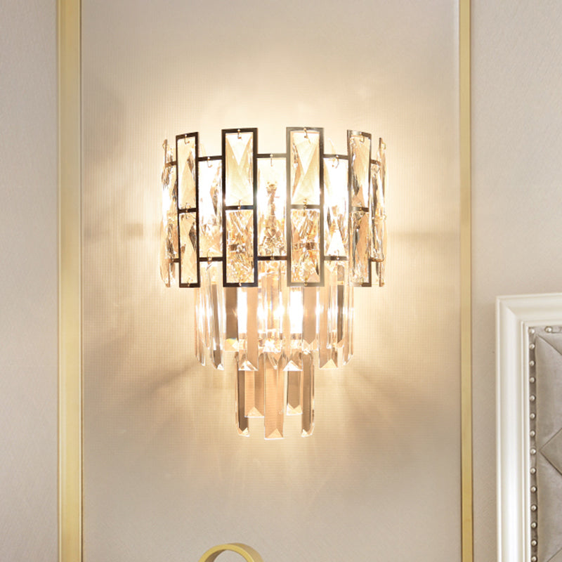 Traditional Layered Sconce Light 3 Heads Clear K9 Crystal Wall Mounted Lamp in Gold for Bedroom Clearhalo 'Wall Lamps & Sconces' 'Wall Lights' Lighting' 897109