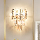 Traditional Layered Sconce Light 3 Heads Clear K9 Crystal Wall Mounted Lamp in Gold for Bedroom Clearhalo 'Wall Lamps & Sconces' 'Wall Lights' Lighting' 897109