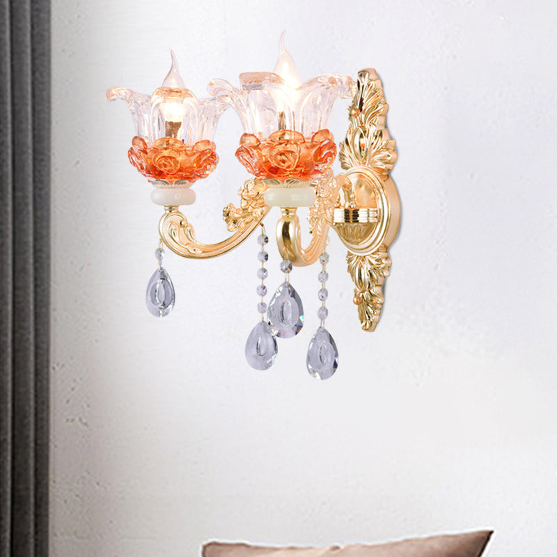 Classic Candlestick Sconce Lamp 2 Lights Crystal Wall Light with Carved Arm and Backplate in Pink/Yellow/Orange Orange Clearhalo 'Wall Lamps & Sconces' 'Wall Lights' Lighting' 897112