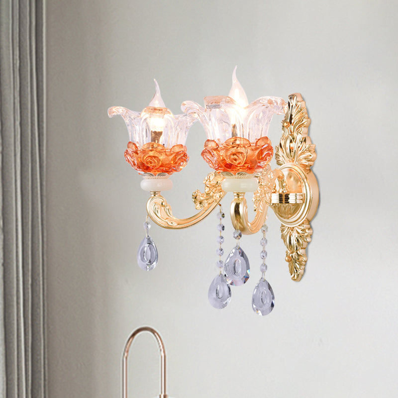 Classic Candlestick Sconce Lamp 2 Lights Crystal Wall Light with Carved Arm and Backplate in Pink/Yellow/Orange Clearhalo 'Wall Lamps & Sconces' 'Wall Lights' Lighting' 897113