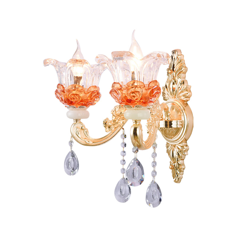 Classic Candlestick Sconce Lamp 2 Lights Crystal Wall Light with Carved Arm and Backplate in Pink/Yellow/Orange Clearhalo 'Wall Lamps & Sconces' 'Wall Lights' Lighting' 897114