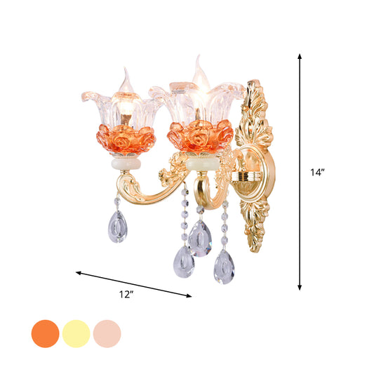 Classic Candlestick Sconce Lamp 2 Lights Crystal Wall Light with Carved Arm and Backplate in Pink/Yellow/Orange Clearhalo 'Wall Lamps & Sconces' 'Wall Lights' Lighting' 897115