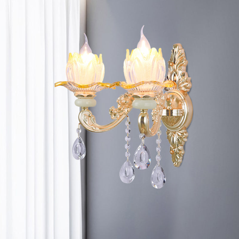 Classic Candlestick Sconce Lamp 2 Lights Crystal Wall Light with Carved Arm and Backplate in Pink/Yellow/Orange Yellow Clearhalo 'Wall Lamps & Sconces' 'Wall Lights' Lighting' 897116