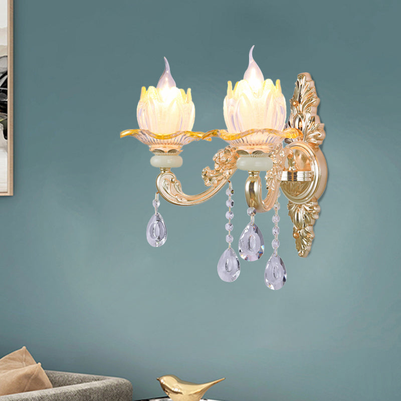 Classic Candlestick Sconce Lamp 2 Lights Crystal Wall Light with Carved Arm and Backplate in Pink/Yellow/Orange Clearhalo 'Wall Lamps & Sconces' 'Wall Lights' Lighting' 897117