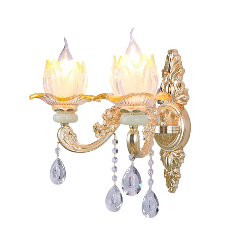 Classic Candlestick Sconce Lamp 2 Lights Crystal Wall Light with Carved Arm and Backplate in Pink/Yellow/Orange Clearhalo 'Wall Lamps & Sconces' 'Wall Lights' Lighting' 897118