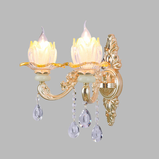 Classic Candlestick Sconce Lamp 2 Lights Crystal Wall Light with Carved Arm and Backplate in Pink/Yellow/Orange Clearhalo 'Wall Lamps & Sconces' 'Wall Lights' Lighting' 897119