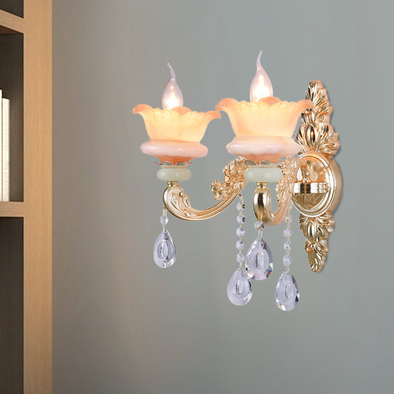 Classic Candlestick Sconce Lamp 2 Lights Crystal Wall Light with Carved Arm and Backplate in Pink/Yellow/Orange Pink Clearhalo 'Wall Lamps & Sconces' 'Wall Lights' Lighting' 897120