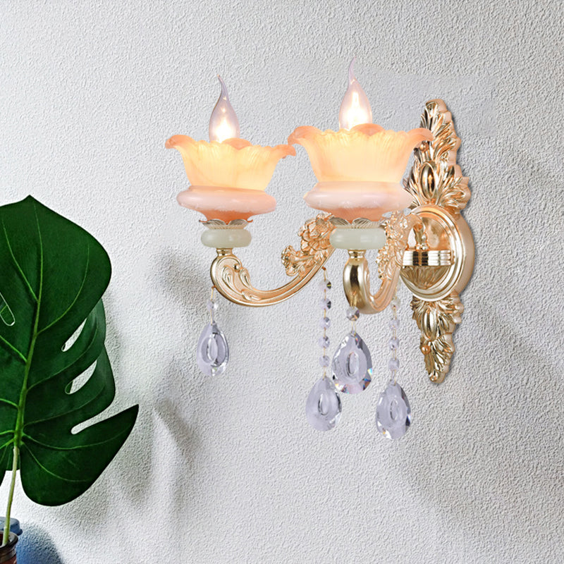 Classic Candlestick Sconce Lamp 2 Lights Crystal Wall Light with Carved Arm and Backplate in Pink/Yellow/Orange Clearhalo 'Wall Lamps & Sconces' 'Wall Lights' Lighting' 897121