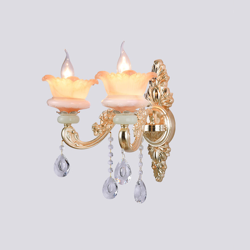 Classic Candlestick Sconce Lamp 2 Lights Crystal Wall Light with Carved Arm and Backplate in Pink/Yellow/Orange Clearhalo 'Wall Lamps & Sconces' 'Wall Lights' Lighting' 897123