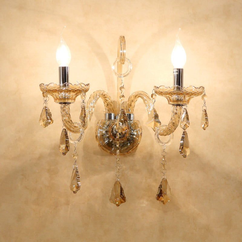 Cognac Crystal Candle Wall Light Antique 2 Bulbs Living Room Sconce with Curved Glass Arm Clearhalo 'Wall Lamps & Sconces' 'Wall Lights' Lighting' 897126