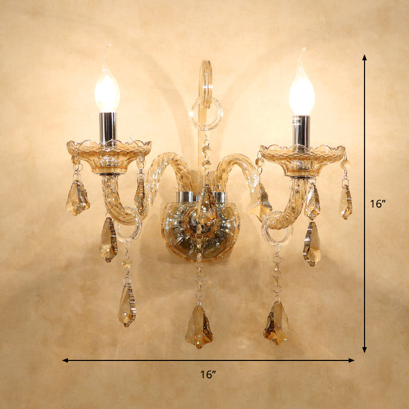 Cognac Crystal Candle Wall Light Antique 2 Bulbs Living Room Sconce with Curved Glass Arm Clearhalo 'Wall Lamps & Sconces' 'Wall Lights' Lighting' 897127