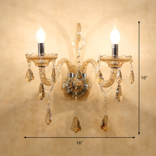 Cognac Crystal Candle Wall Light Antique 2 Bulbs Living Room Sconce with Curved Glass Arm Clearhalo 'Wall Lamps & Sconces' 'Wall Lights' Lighting' 897127