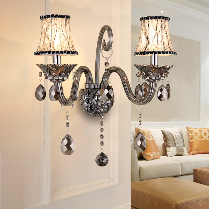 Smoke Gray Crystal Bell Sconce Retro 1/2-Bulb Living Room Wall Lamp with Fabric Shade 2.0 Smoke Gray Clearhalo 'Wall Lamps & Sconces' 'Wall Lights' Lighting' 897128