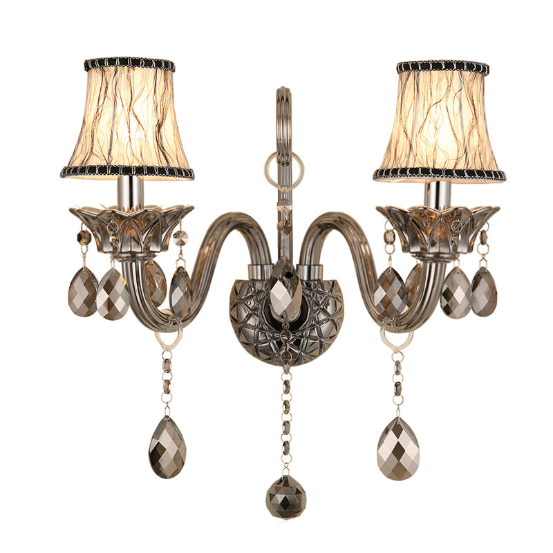 Smoke Gray Crystal Bell Sconce Retro 1/2-Bulb Living Room Wall Lamp with Fabric Shade Clearhalo 'Wall Lamps & Sconces' 'Wall Lights' Lighting' 897130