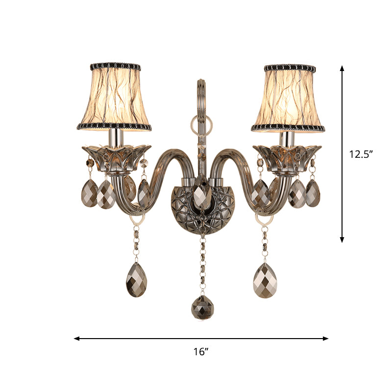 Smoke Gray Crystal Bell Sconce Retro 1/2-Bulb Living Room Wall Lamp with Fabric Shade Clearhalo 'Wall Lamps & Sconces' 'Wall Lights' Lighting' 897131