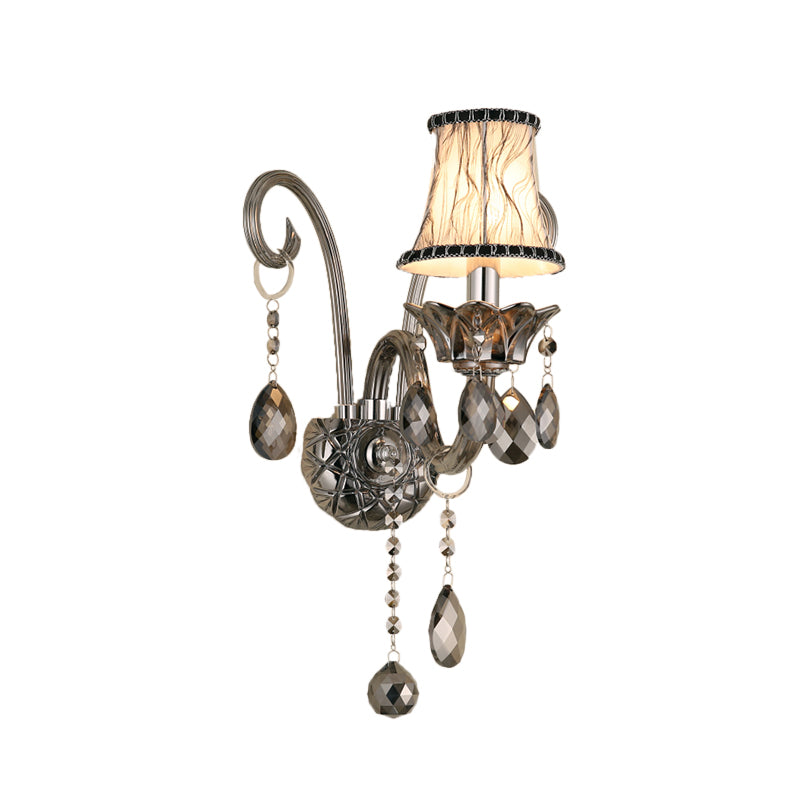 Smoke Gray Crystal Bell Sconce Retro 1/2-Bulb Living Room Wall Lamp with Fabric Shade Clearhalo 'Wall Lamps & Sconces' 'Wall Lights' Lighting' 897134