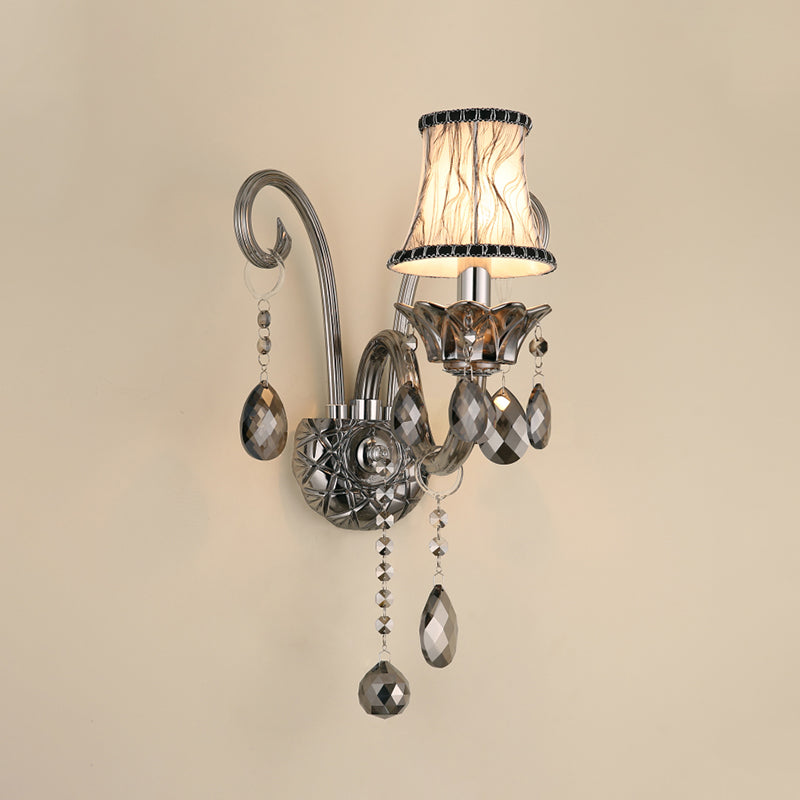 Smoke Gray Crystal Bell Sconce Retro 1/2-Bulb Living Room Wall Lamp with Fabric Shade Clearhalo 'Wall Lamps & Sconces' 'Wall Lights' Lighting' 897135