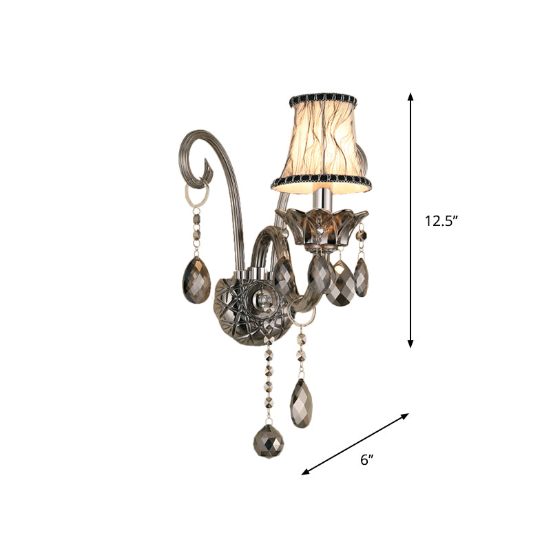 Smoke Gray Crystal Bell Sconce Retro 1/2-Bulb Living Room Wall Lamp with Fabric Shade Clearhalo 'Wall Lamps & Sconces' 'Wall Lights' Lighting' 897136