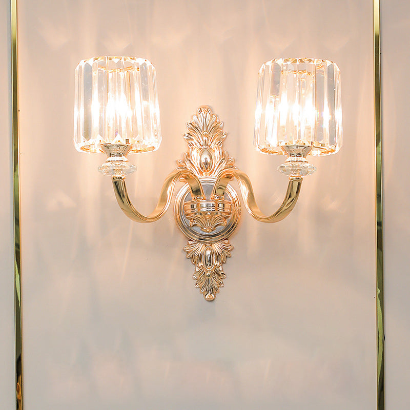 2-Bulb Wall Light Sconce Retro Cylinder Crystal Block Wall Mounted Lighting in Gold with Carved Backplate Clearhalo 'Wall Lamps & Sconces' 'Wall Lights' Lighting' 897138