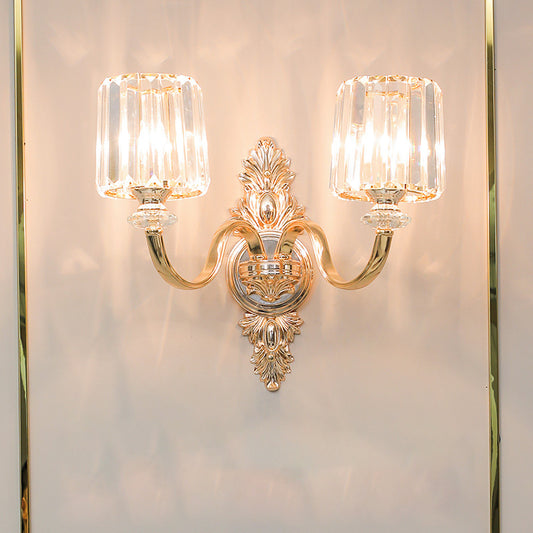 2-Bulb Wall Light Sconce Retro Cylinder Crystal Block Wall Mounted Lighting in Gold with Carved Backplate Clearhalo 'Wall Lamps & Sconces' 'Wall Lights' Lighting' 897138