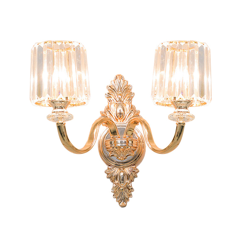 2-Bulb Wall Light Sconce Retro Cylinder Crystal Block Wall Mounted Lighting in Gold with Carved Backplate Clearhalo 'Wall Lamps & Sconces' 'Wall Lights' Lighting' 897139