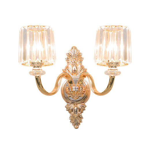 2-Bulb Wall Light Sconce Retro Cylinder Crystal Block Wall Mounted Lighting in Gold with Carved Backplate Clearhalo 'Wall Lamps & Sconces' 'Wall Lights' Lighting' 897139