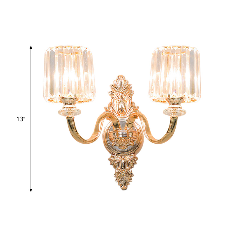 2-Bulb Wall Light Sconce Retro Cylinder Crystal Block Wall Mounted Lighting in Gold with Carved Backplate Clearhalo 'Wall Lamps & Sconces' 'Wall Lights' Lighting' 897140