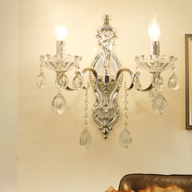 Silver 2-Light Wall Lamp Traditional Faceted Crystal Candelabra Wall Mounted Light Fixture Silver Clearhalo 'Wall Lamps & Sconces' 'Wall Lights' Lighting' 897145