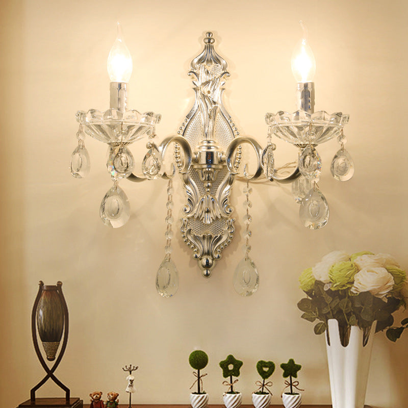 Silver 2-Light Wall Lamp Traditional Faceted Crystal Candelabra Wall Mounted Light Fixture Clearhalo 'Wall Lamps & Sconces' 'Wall Lights' Lighting' 897146