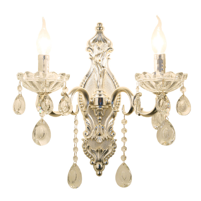 Silver 2-Light Wall Lamp Traditional Faceted Crystal Candelabra Wall Mounted Light Fixture Clearhalo 'Wall Lamps & Sconces' 'Wall Lights' Lighting' 897147