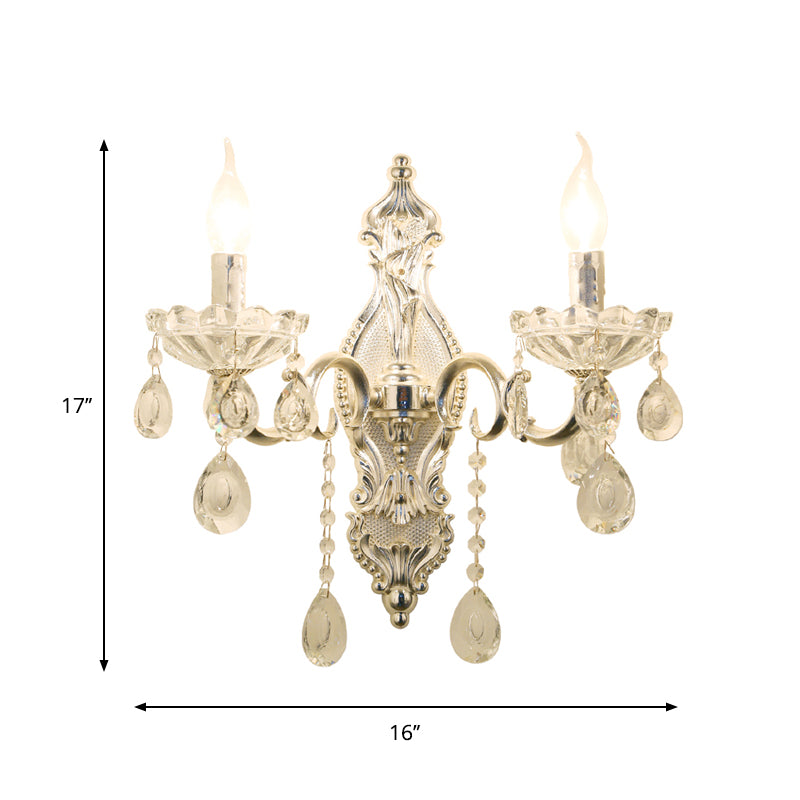 Silver 2-Light Wall Lamp Traditional Faceted Crystal Candelabra Wall Mounted Light Fixture Clearhalo 'Wall Lamps & Sconces' 'Wall Lights' Lighting' 897148