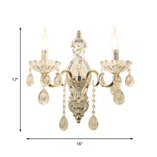 Silver 2-Light Wall Lamp Traditional Faceted Crystal Candelabra Wall Mounted Light Fixture Clearhalo 'Wall Lamps & Sconces' 'Wall Lights' Lighting' 897148